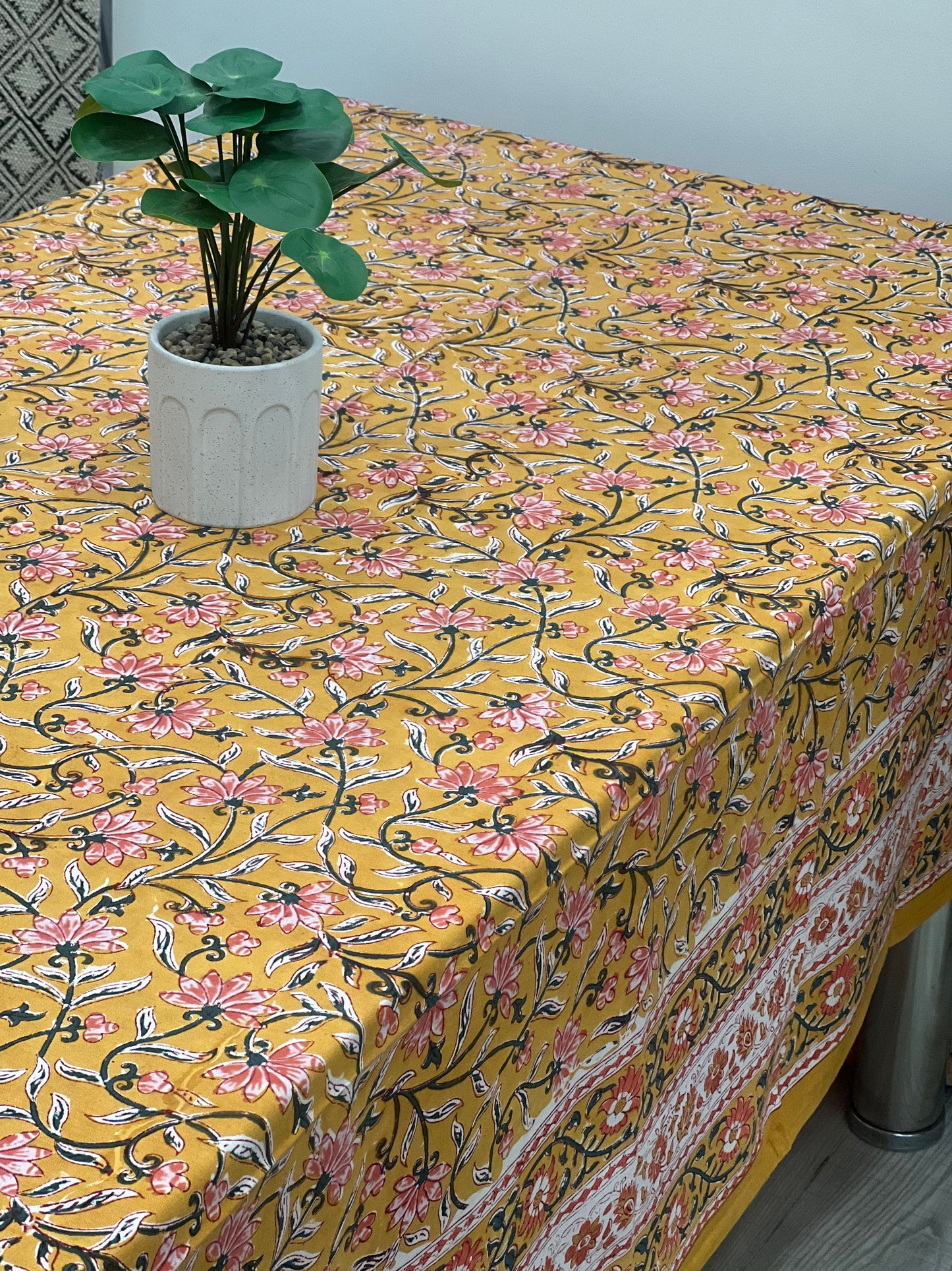 "Sun-Kissed Petals: Yellow and Pink Floral Tablecloth"