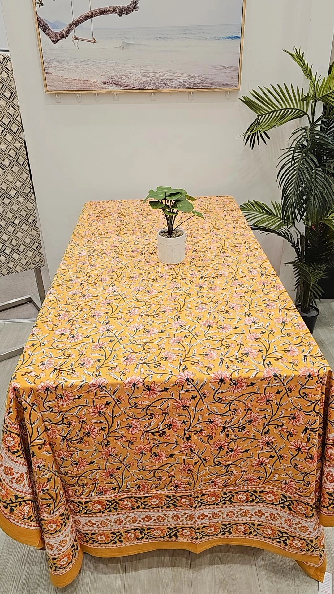 "Sun-Kissed Petals: Yellow and Pink Floral Tablecloth"