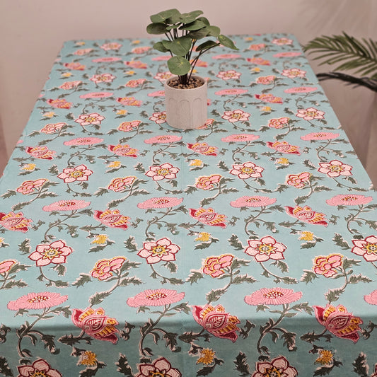 "Teal Tranquility: Green Floral Tablecloth"