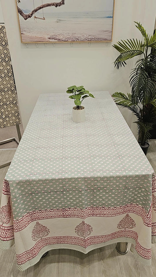 "Tranquil Lotus Greens: Green Tablecloth with Small Lotus Motifs"