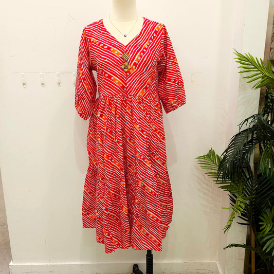 red and white cotton knee length laheriya dress