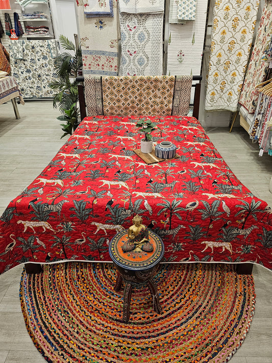 "Scarlet Canopy: Radiant Red Jungle Print  Queen Winter Quilt"