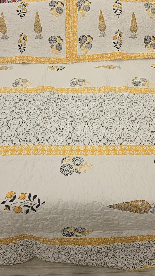 "Off-White Mustard & Black Floral Comforter Set: Timeless Elegance for Your Bedroom"