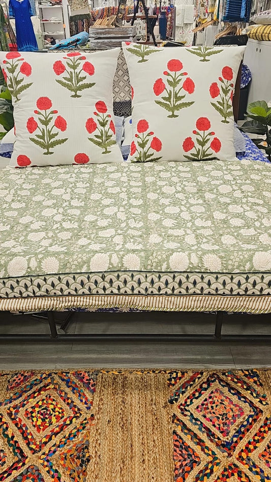 "Ivory Garden: Green Floral Winter Quilt"