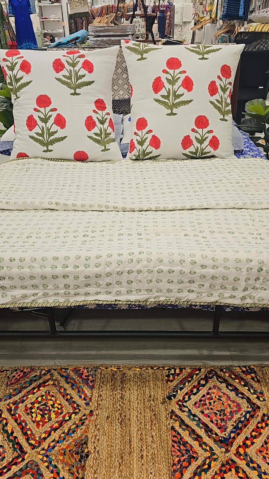 "Ivory Garden: Green Floral Winter Quilt"