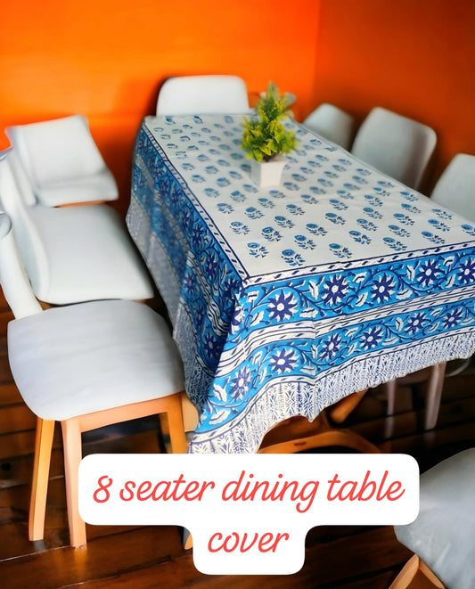 “Azure Bloom Elegance – Handblock Printed 8-Seater Tablecloth” 💙
