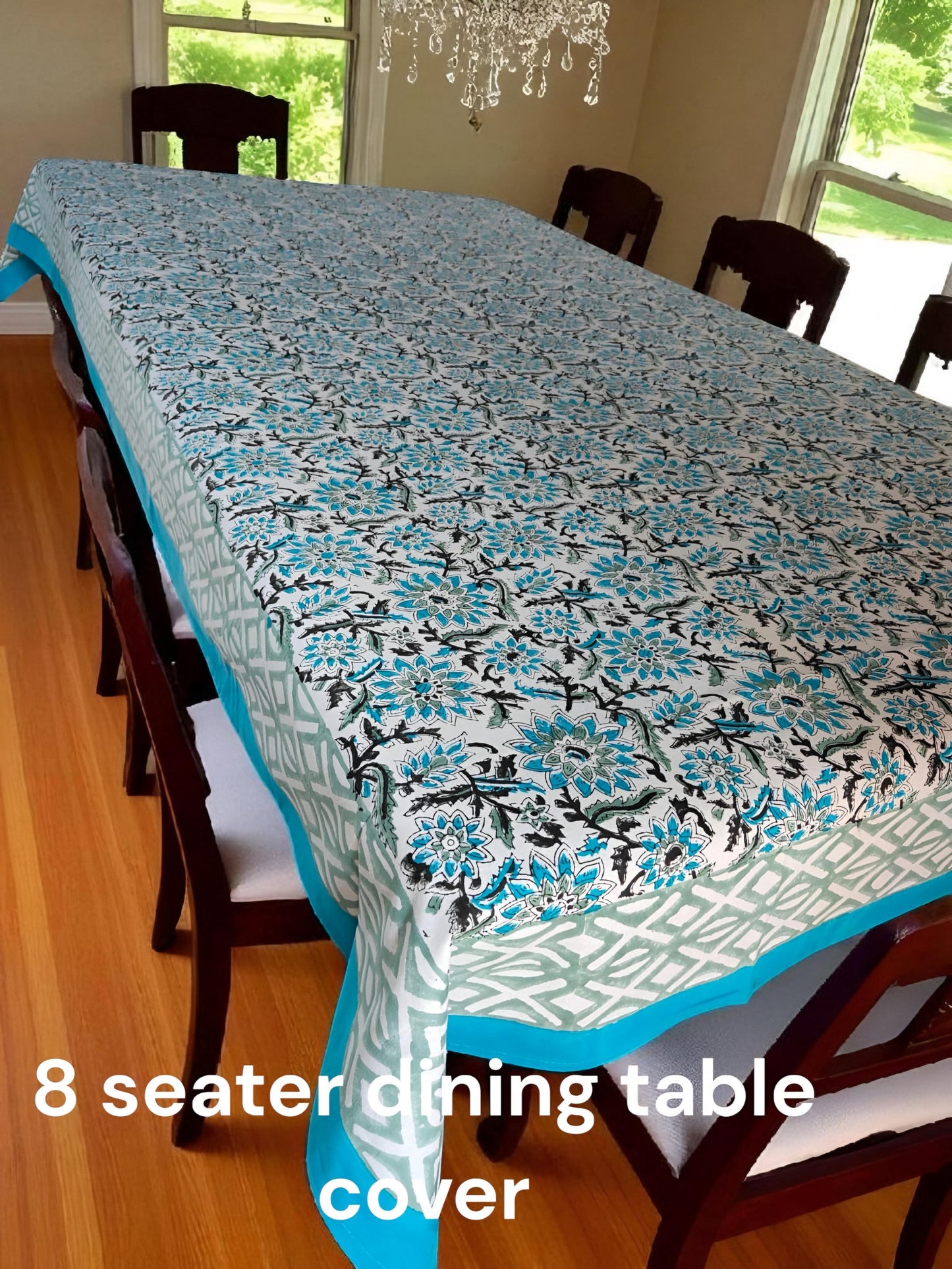 “Verdant Bloom Handblock 8-Seater Tablecloth” 🌿💙