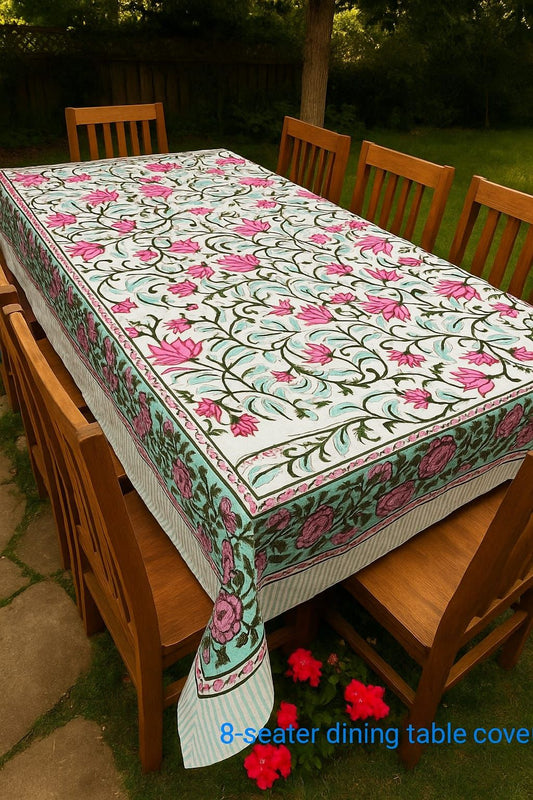 “Blushing Garden Handblock 8-Seater Tablecloth” 🌸💚