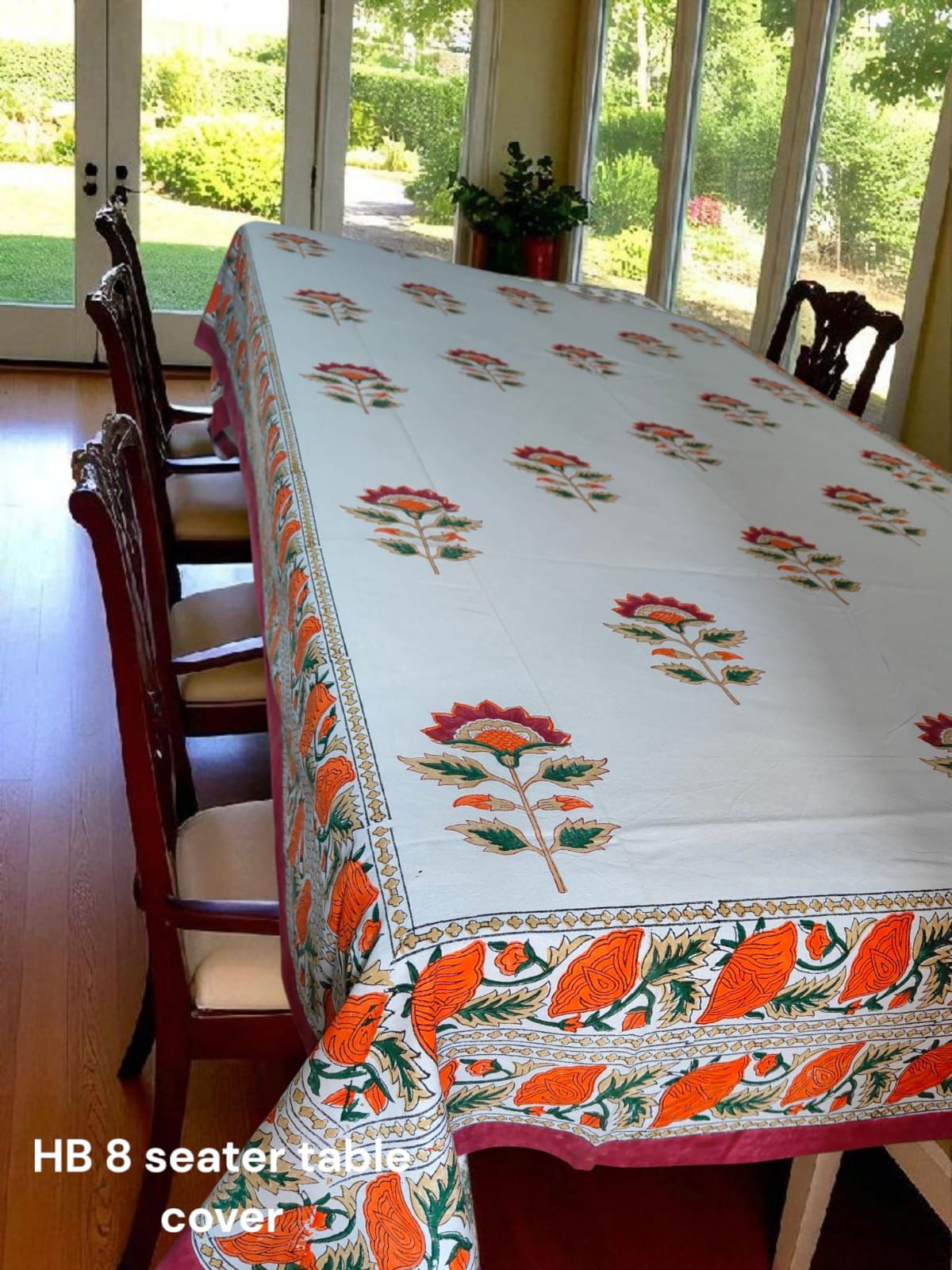 “Sunburst Bloom Handblock 8-Seater Tablecloth” 🍊✨