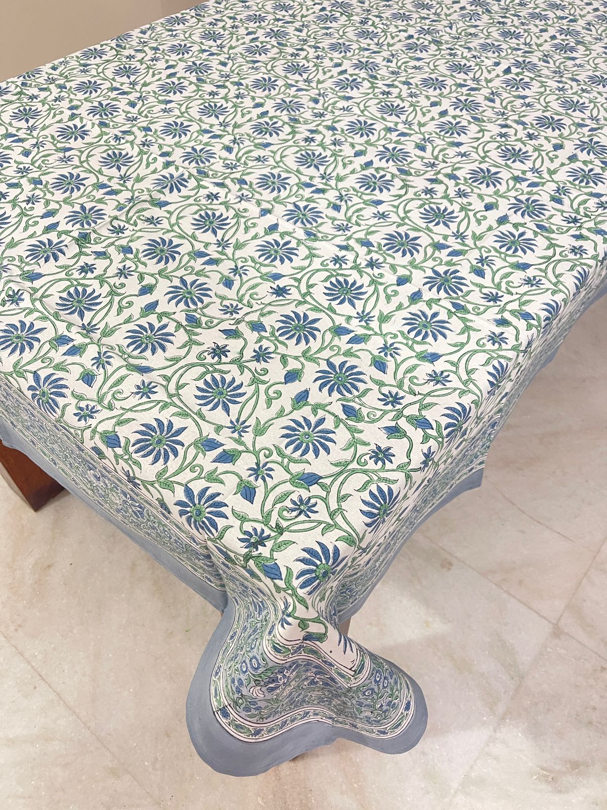 “Tranquil Flora Handprinted Tablecloth” 💙🌿