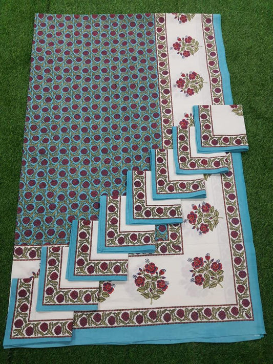 “Garden Fiesta Handblock Tablecloth Set” 🌿💙❤️